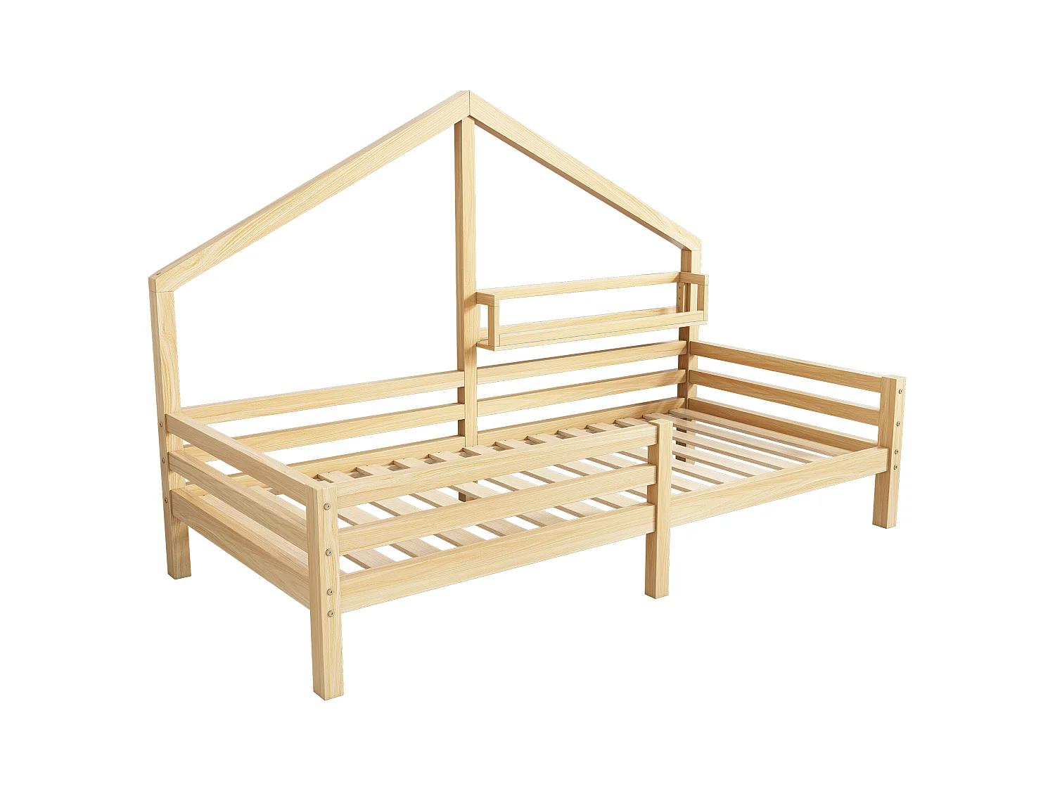 Lit cabane enfant 90x200 cm avec sommier - protection anti-chute et étagère de rangement - bois - naturel (sans matelas)