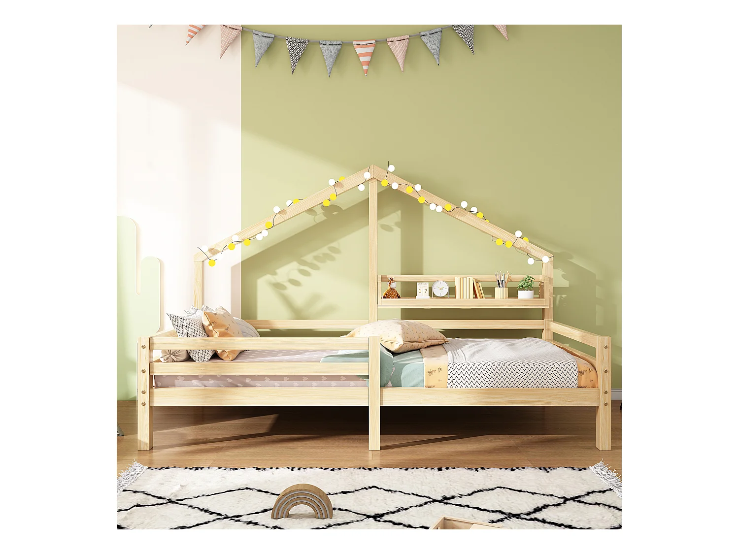 Lit cabane enfant 90x200 cm avec sommier - protection anti-chute et étagère de rangement - bois - naturel (sans matelas)