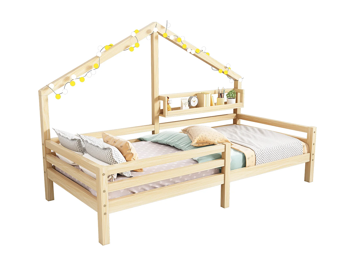Lit cabane enfant 90x200 cm avec sommier - protection anti-chute et étagère de rangement - bois - naturel (sans matelas)