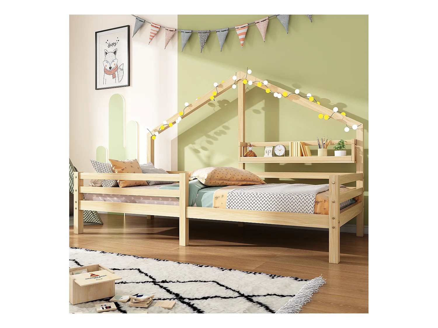 Lit cabane enfant 90x200 cm avec sommier - protection anti-chute et étagère de rangement - bois - naturel (sans matelas)