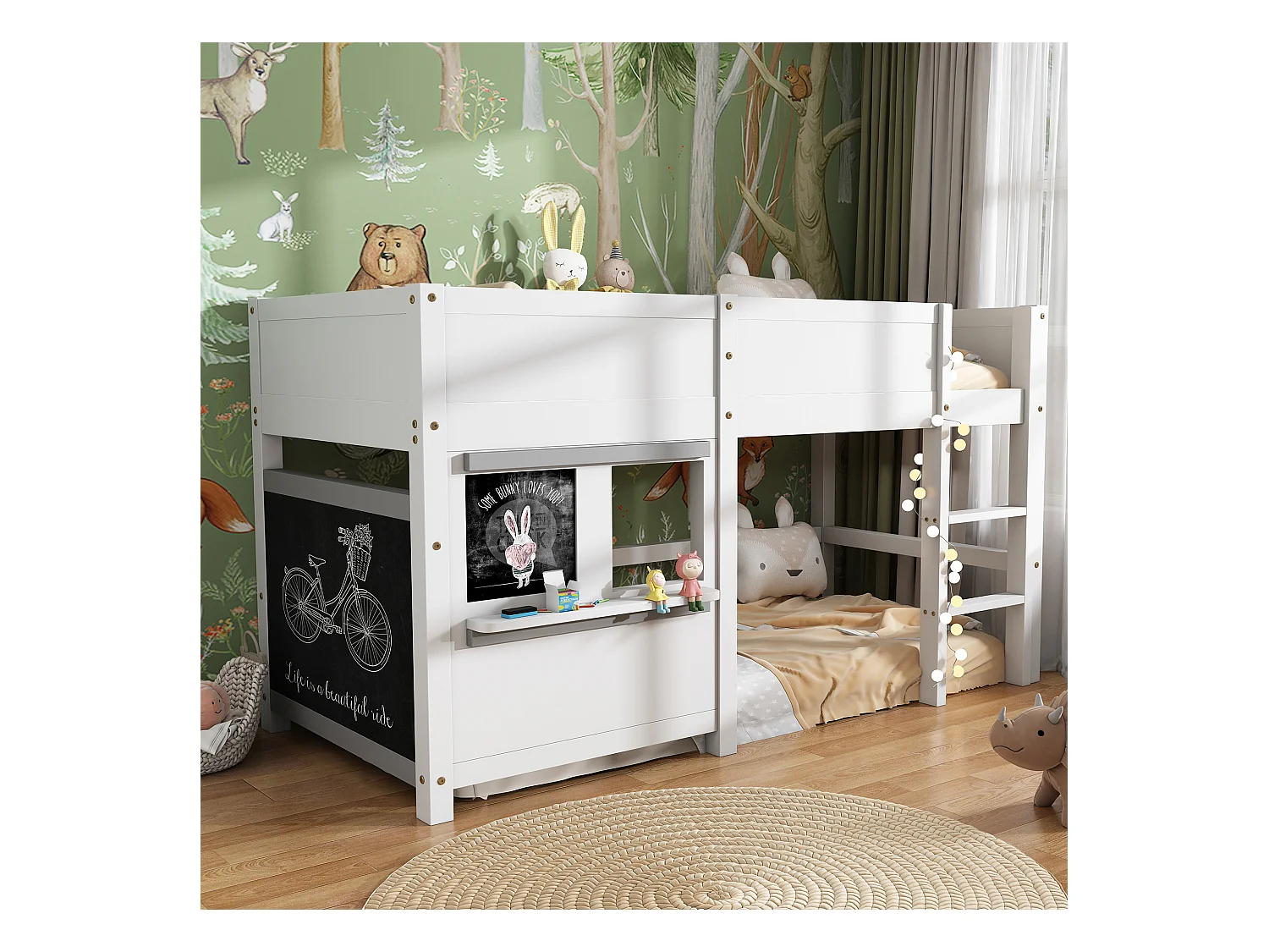 Lit superposé enfant 90x200cm avec sommier - protection anti-chute et tableau noir - bois - blanc (sans matelas)