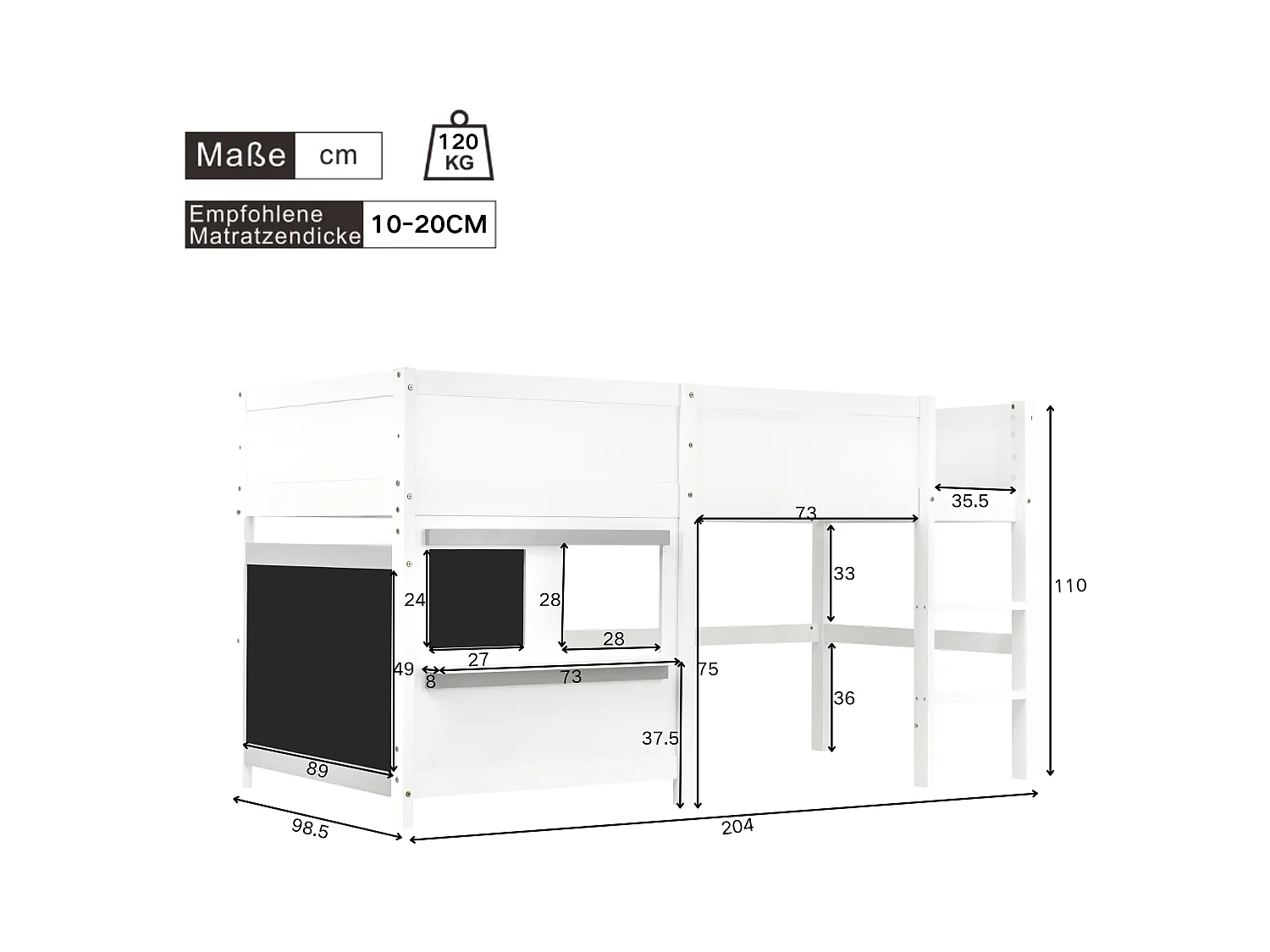 Lit superposé enfant 90x200cm avec sommier - protection anti-chute et tableau noir - bois - blanc (sans matelas)