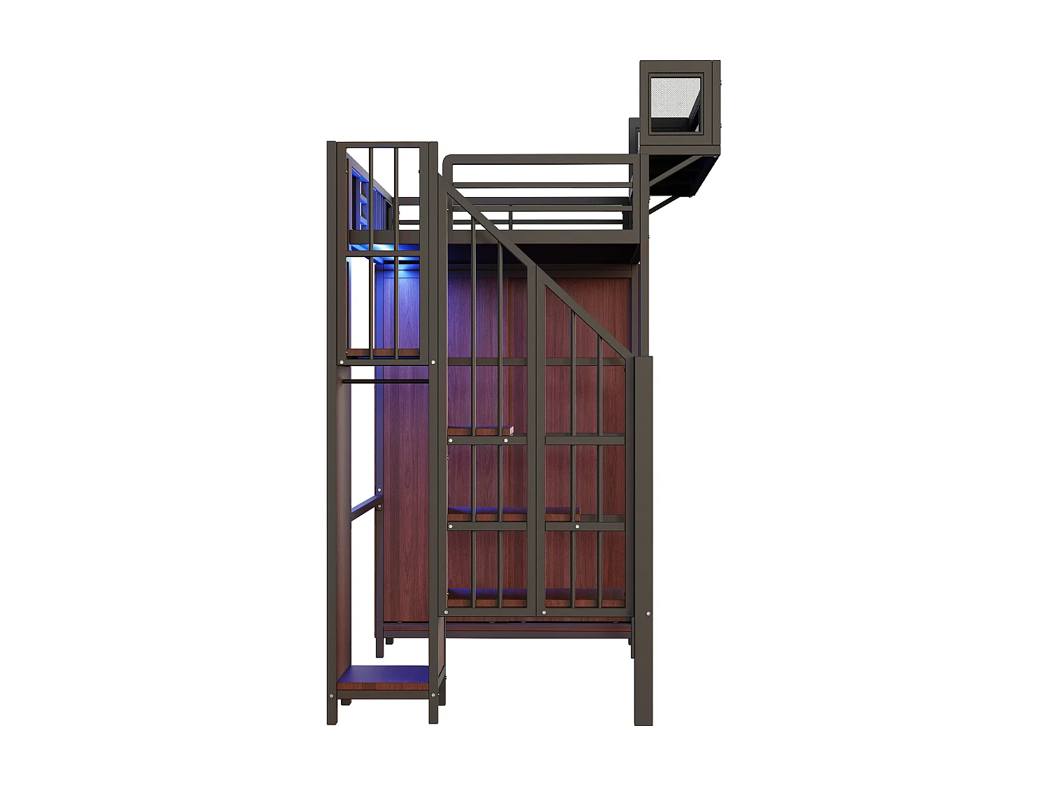 Hoogslaper van 90x200 cm met kledingkasten, veiligheidsladder, ledverlichting en zwarte veiligheidsreling van gaas (matras niet inbegrepen).