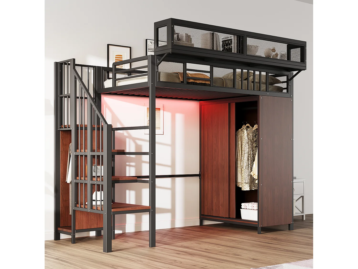 Hoogslaper van 90x200 cm met kledingkasten, veiligheidsladder, ledverlichting en zwarte veiligheidsreling van gaas (matras niet inbegrepen).