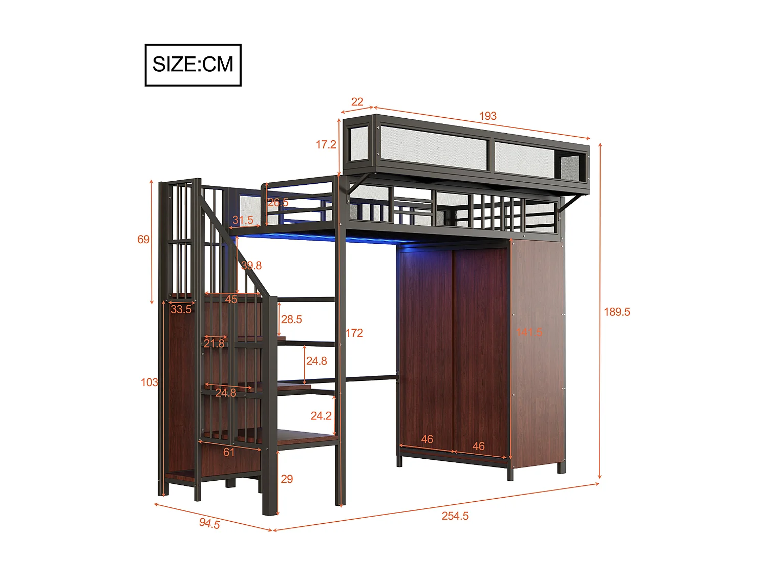 Letto a soppalco 90x200 cm con armadio a porte scorrevoli, LED, scala con contenitori, metallo e legno Nero (Senza materasso)