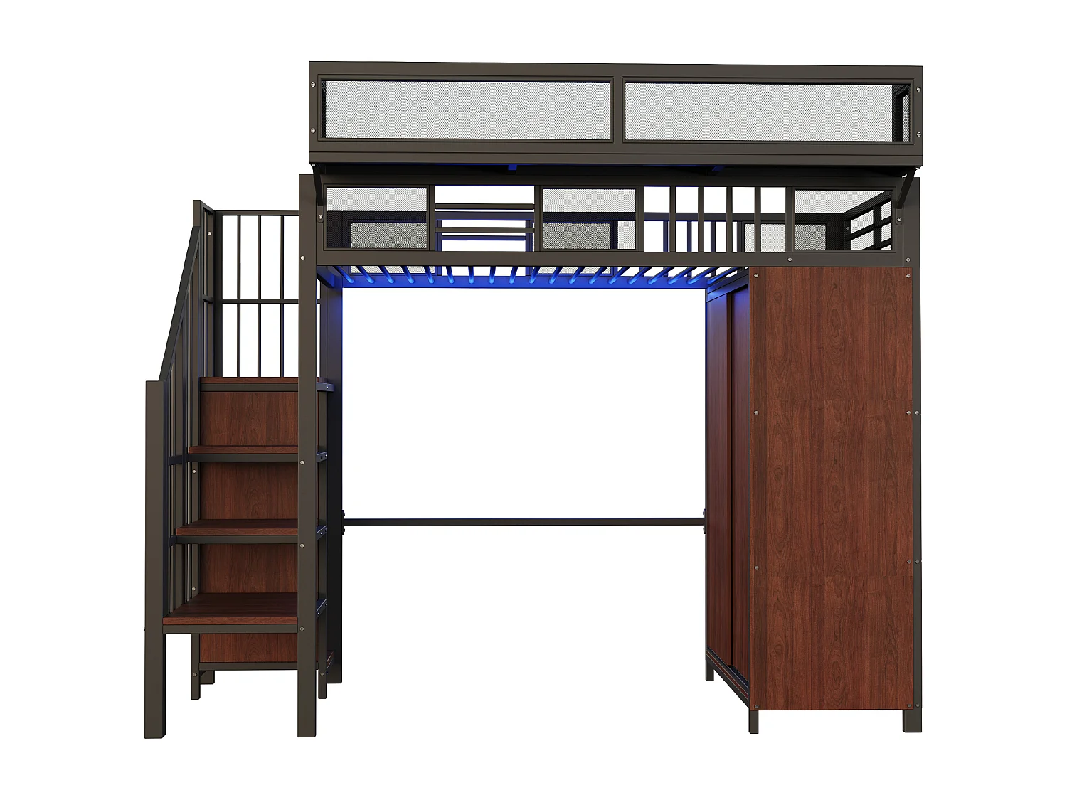 Letto a soppalco 90x200 cm con armadio a porte scorrevoli, LED, scala con contenitori, metallo e legno Nero (Senza materasso)