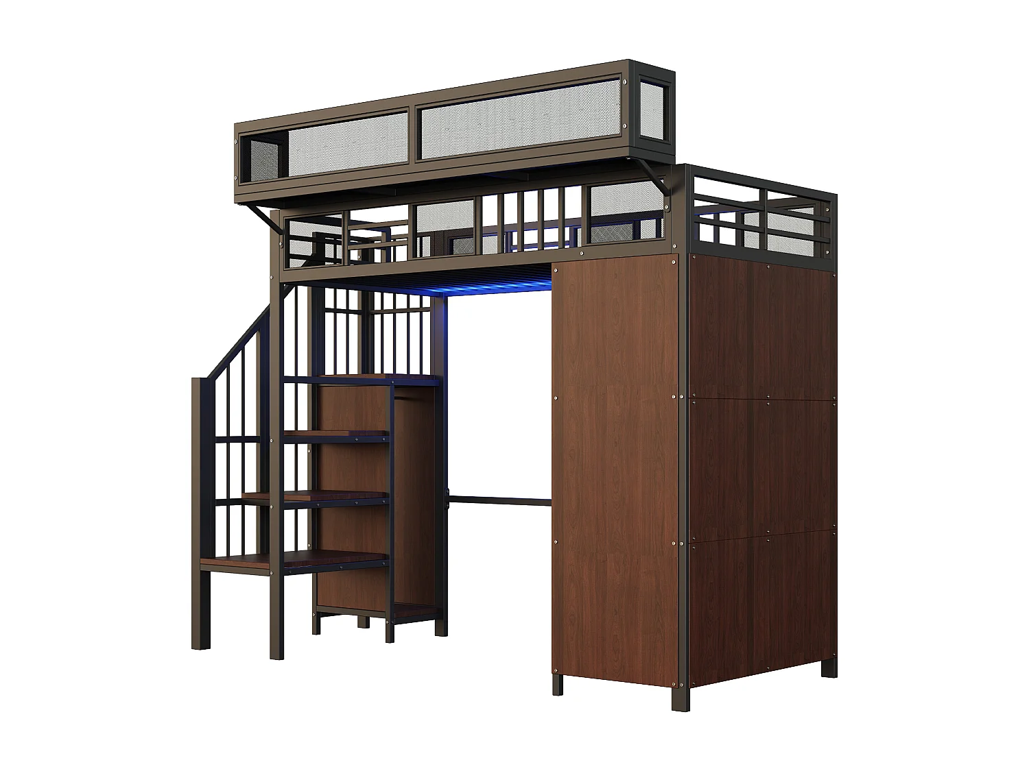 Letto a soppalco 90x200 cm con armadio a porte scorrevoli, LED, scala con contenitori, metallo e legno Nero (Senza materasso)