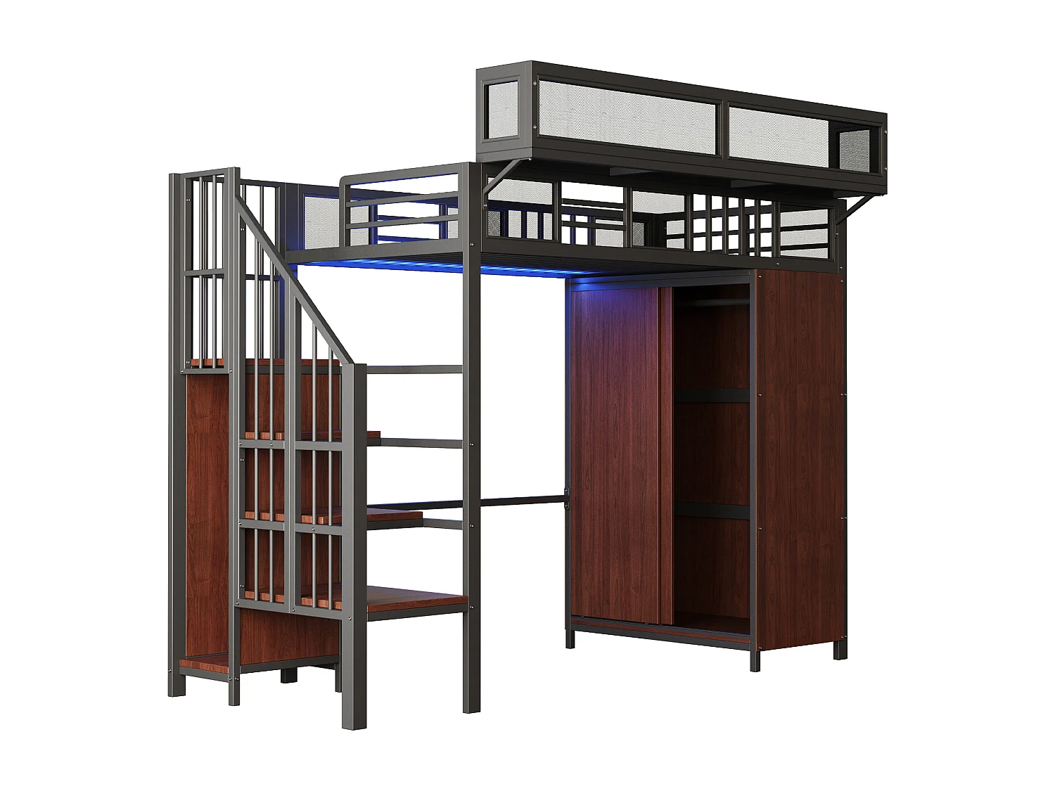 Letto a soppalco 90x200 cm con armadio a porte scorrevoli, LED, scala con contenitori, metallo e legno Nero (Senza materasso)