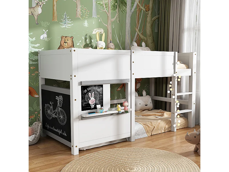 Kinderstapelbed 90x200cm met onderstel - valbeveiliging en krijtbord - hout - wit (zonder matras)