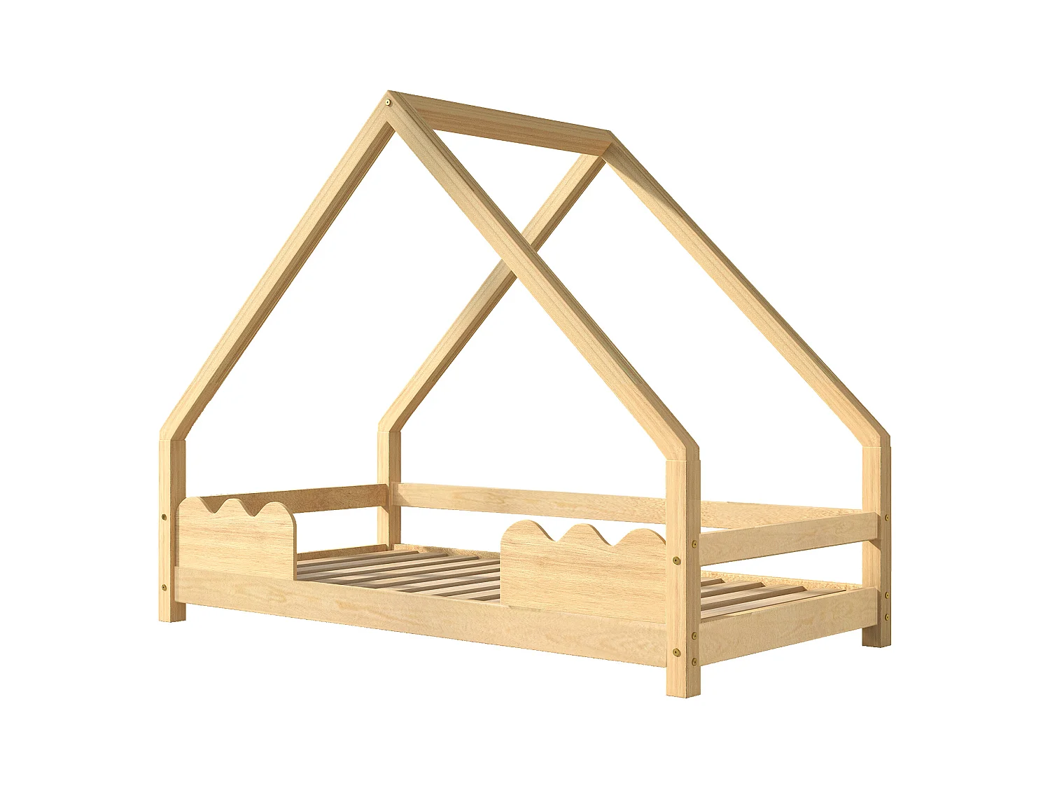 Lit cabane enfant 90x200cm avec sommier - protection anti-chute - bois - naturel (sans matelas)