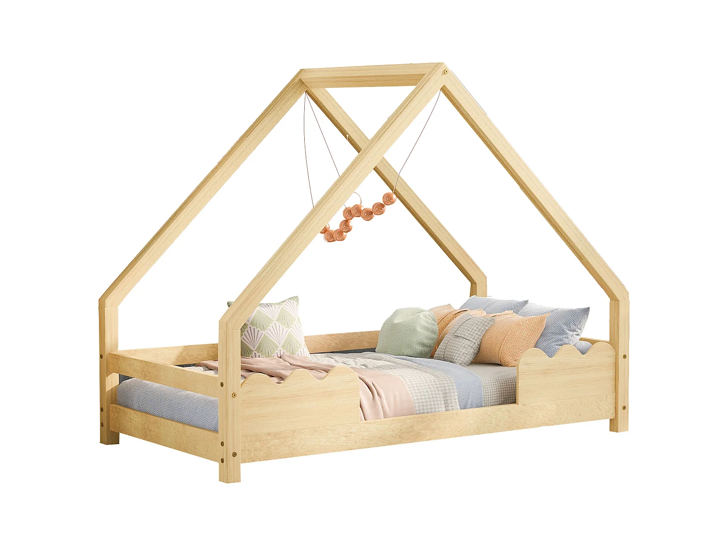 Lit cabane enfant 90x200cm avec sommier - protection anti-chute - bois - naturel (sans matelas)