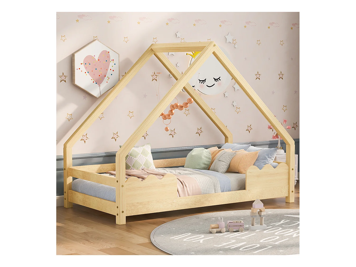 Lit cabane enfant 90x200cm avec sommier - protection anti-chute - bois - naturel (sans matelas)