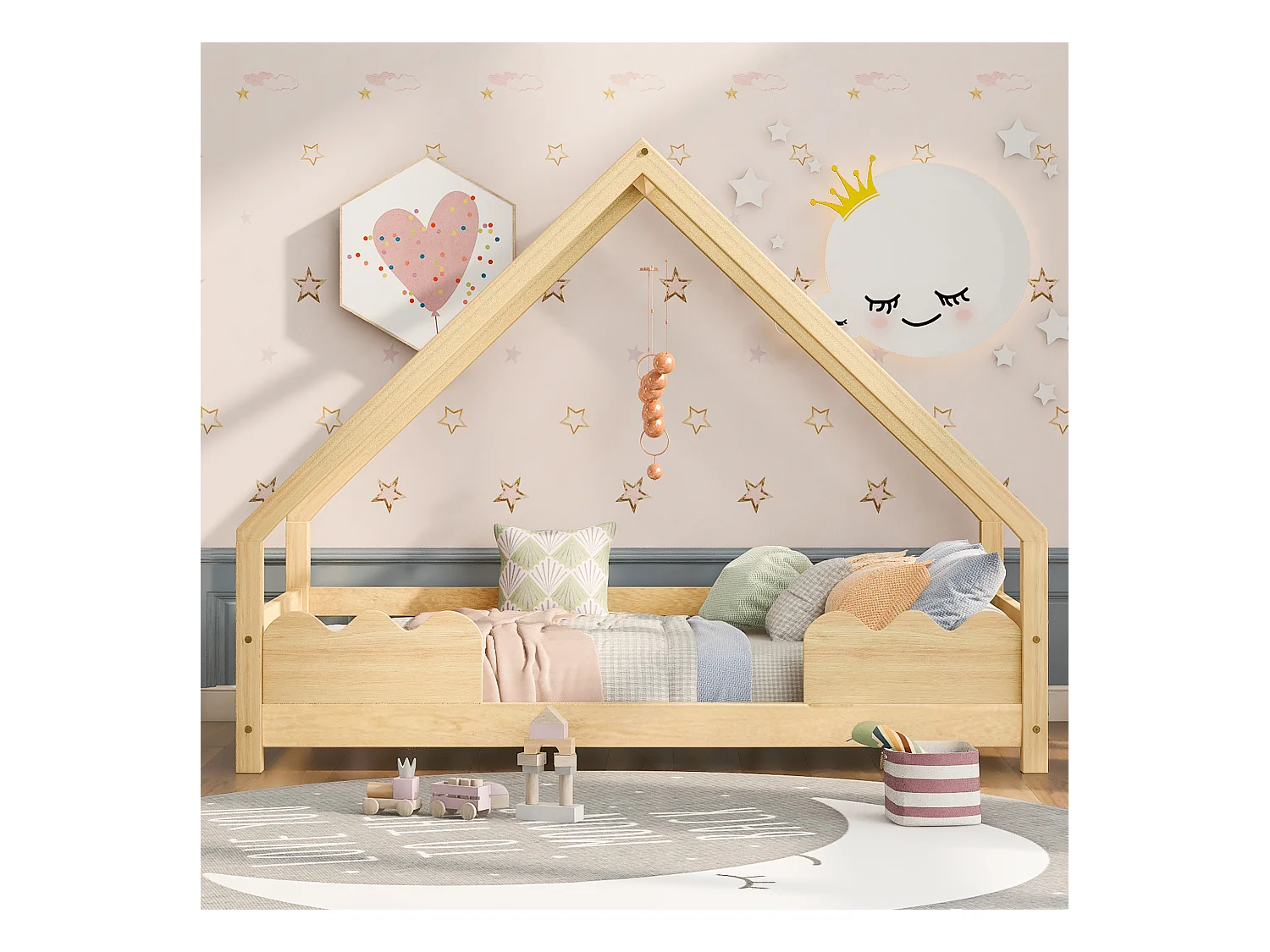 Lit cabane enfant 90x200cm avec sommier - protection anti-chute - bois - naturel (sans matelas)