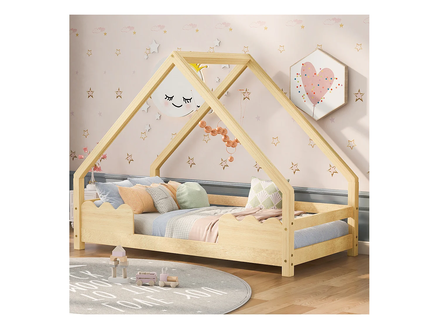 Lit cabane enfant 90x200cm avec sommier - protection anti-chute - bois - naturel (sans matelas)