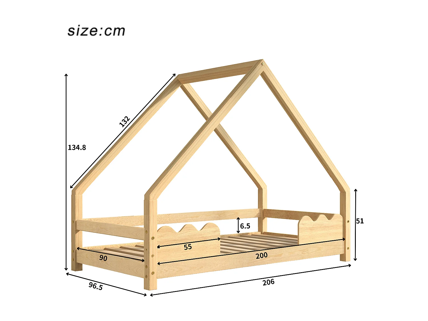 Lit cabane 90x200cm avec sommier - protection anti-chute - bois - naturel (sans matelas)
