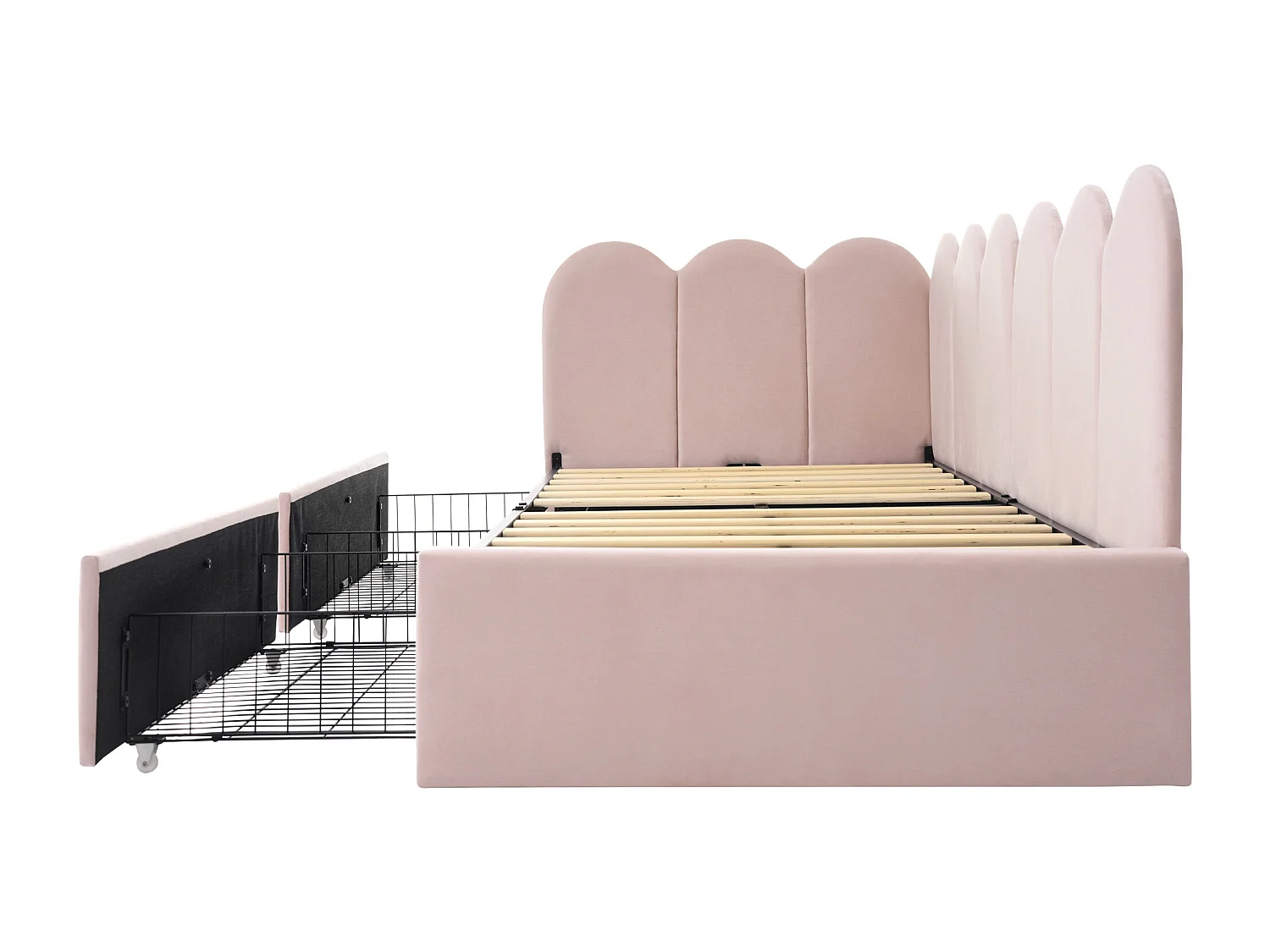 Letto per bambini 90x190 cm con 2 cassetti, lati intercambiabili, in velluto, rosa (Senza materasso)