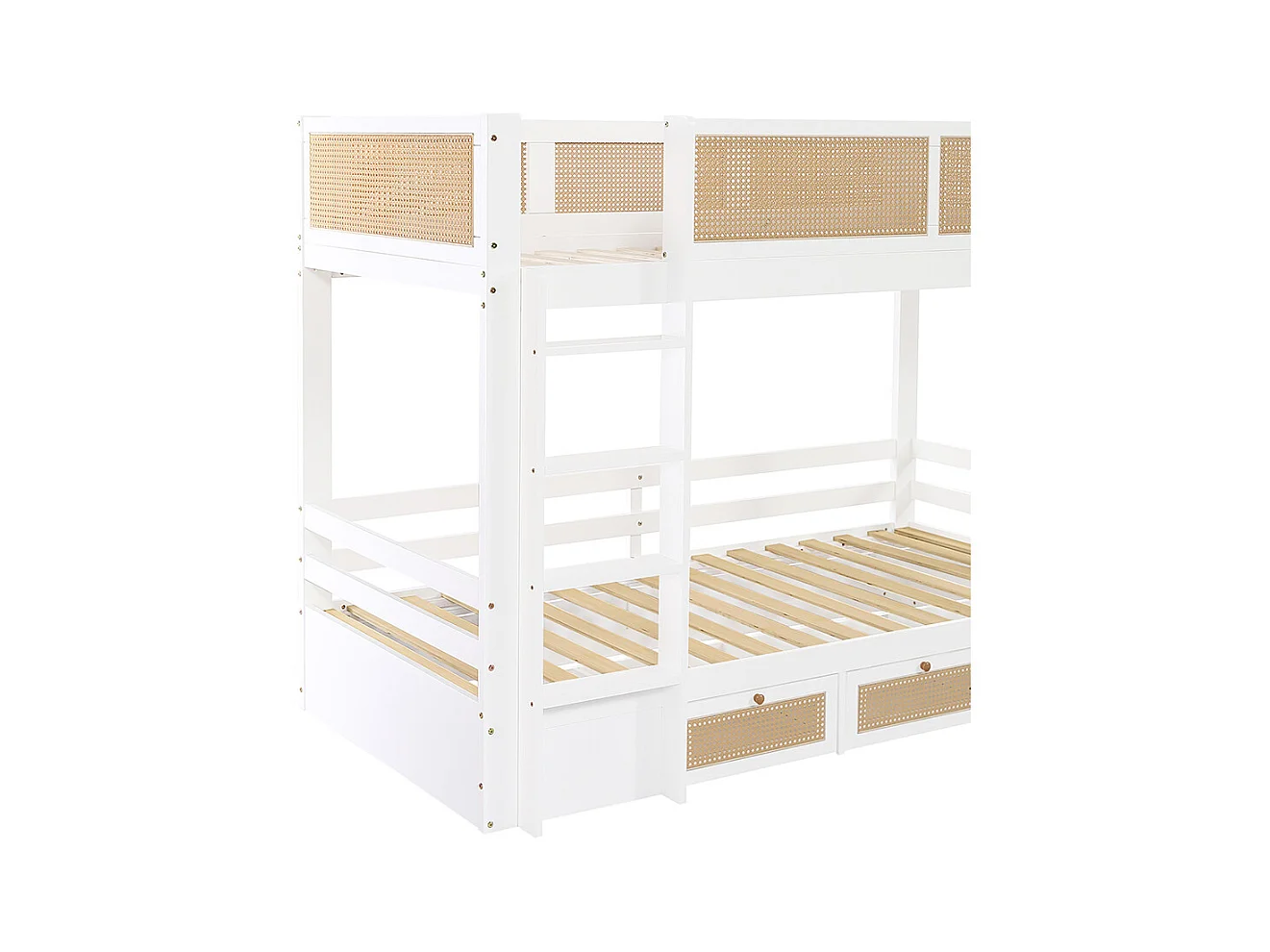 Lit superposé pour enfants 90 x 200 cm, barrières en rotin tressé raffiné, tiroirs à roulettes, barrières, blanc + couleur naturelle