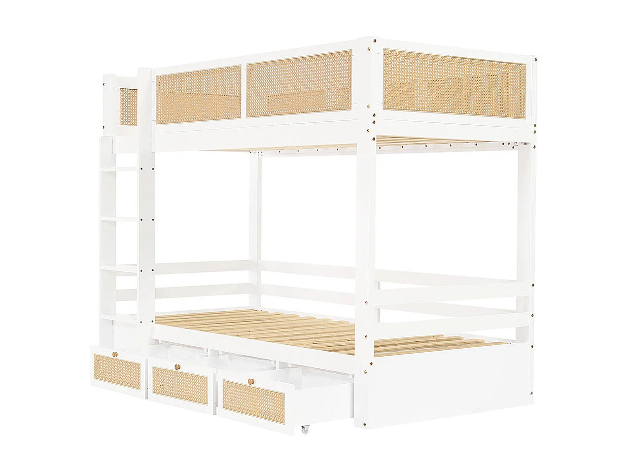 Beliche infantil 90 x 200 cm, grades em vime trançado refinado, gavetas com rodízios, grades, branco + cor natural
