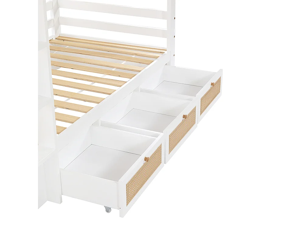 Beliche infantil 90 x 200 cm, grades em vime trançado refinado, gavetas com rodízios, grades, branco + cor natural