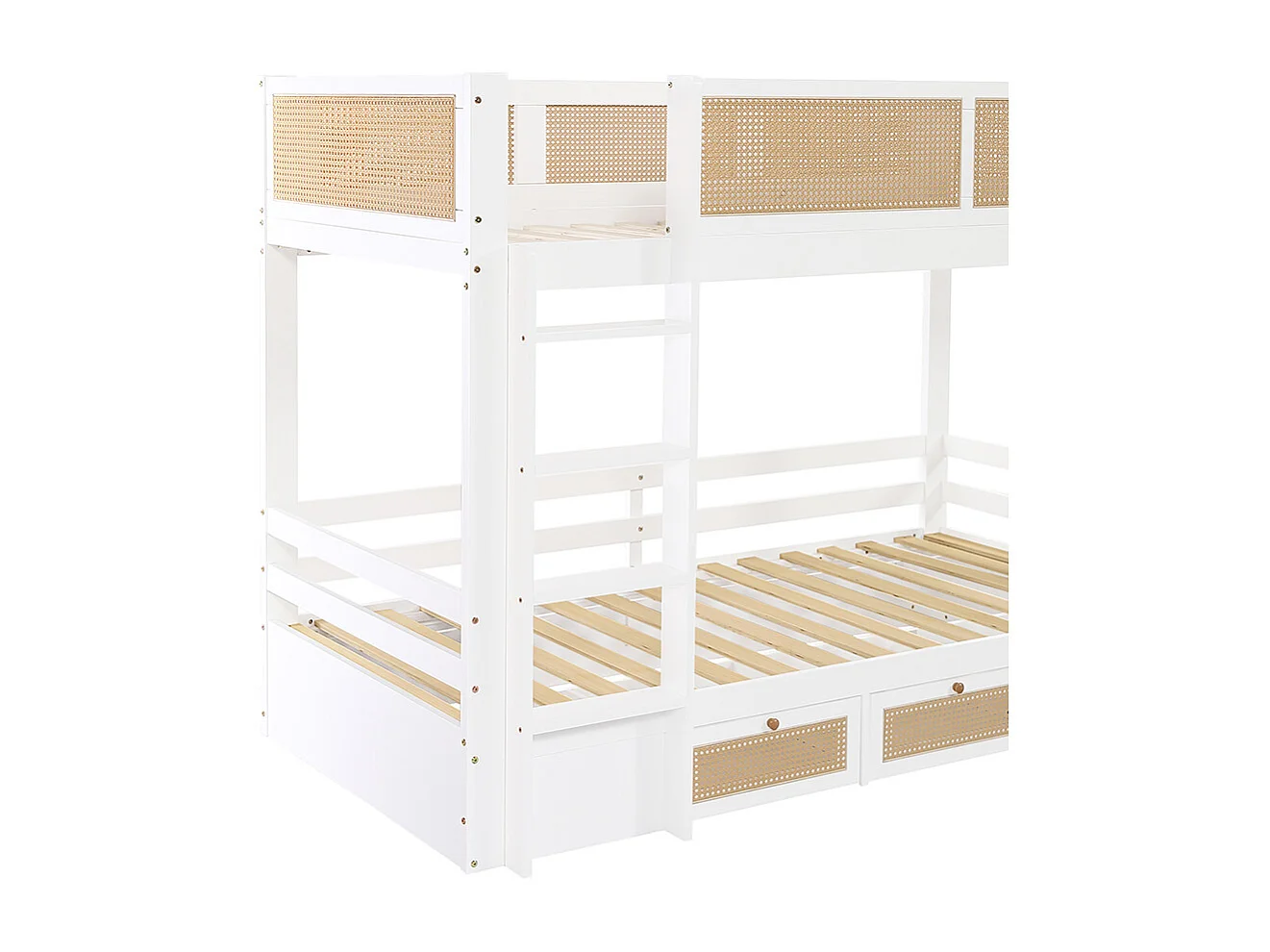 Beliche infantil 90 x 200 cm, grades em vime trançado refinado, gavetas com rodízios, grades, branco + cor natural