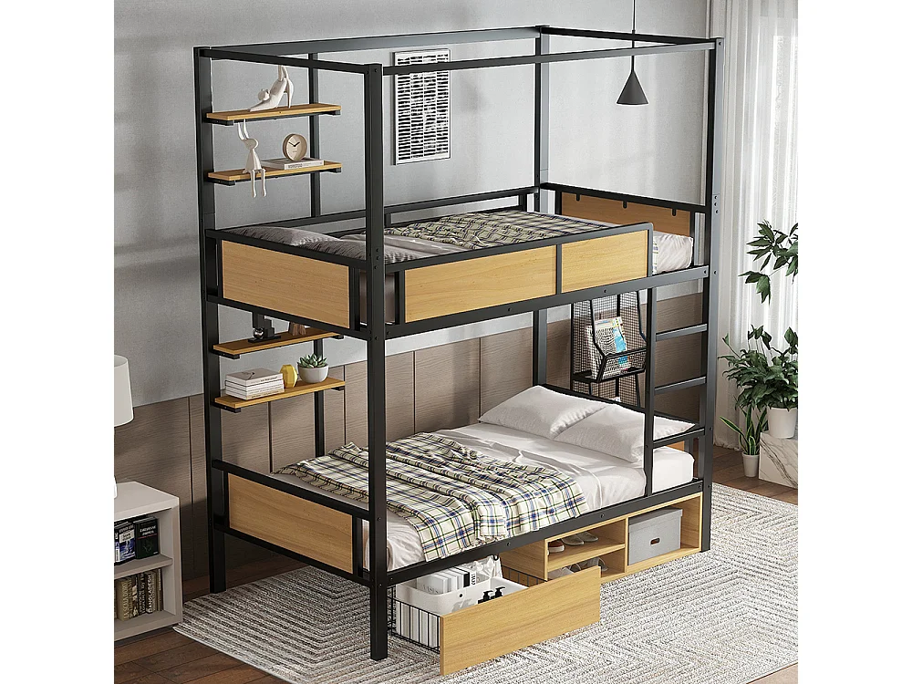 Etagenbett, aus Eisen, mit zwei Ablageflächen, Sicherheitsgittern und Leiter, Stauraum unter dem Bett, schwarz + naturfarben.