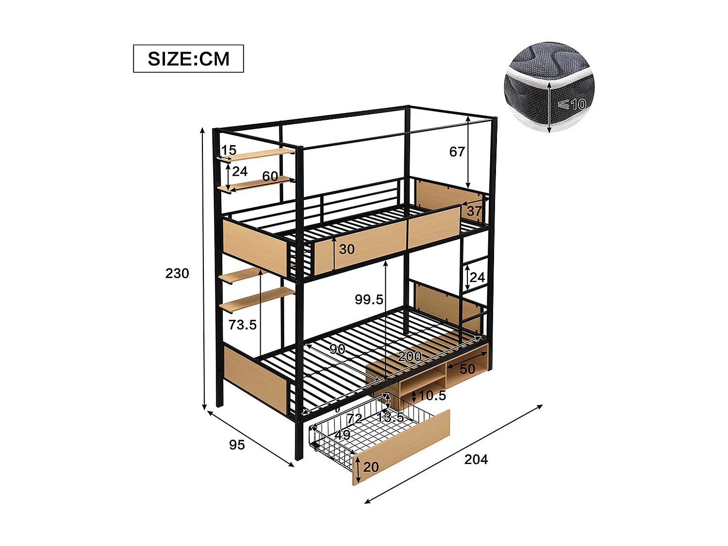 Etagenbett, aus Eisen, mit zwei Ablageflächen, Sicherheitsgittern und Leiter, Stauraum unter dem Bett, schwarz + naturfarben.