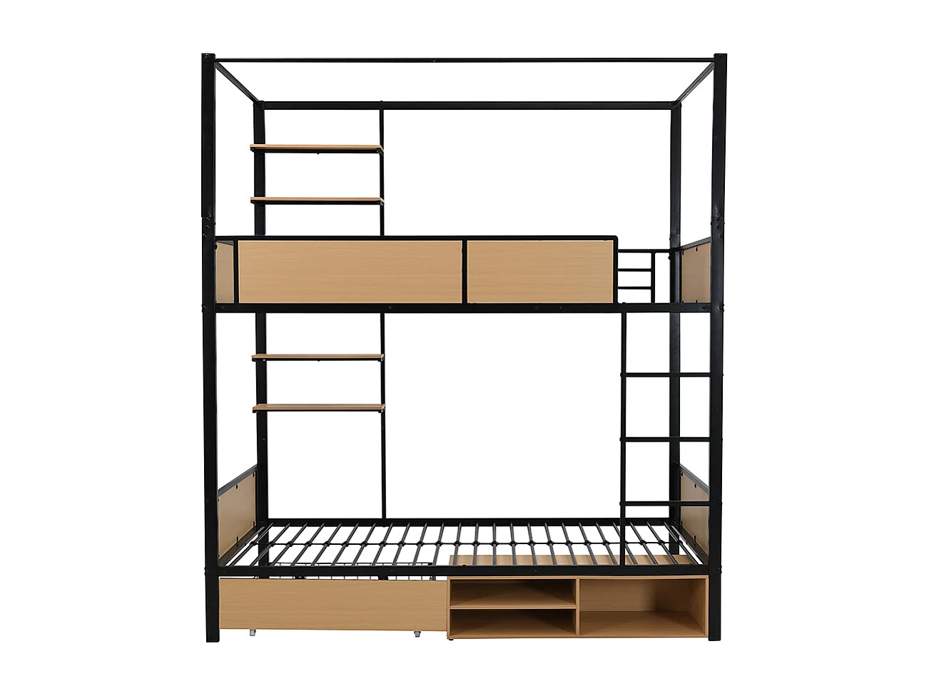 Etagenbett, aus Eisen, mit zwei Ablageflächen, Sicherheitsgittern und Leiter, Stauraum unter dem Bett, schwarz + naturfarben.