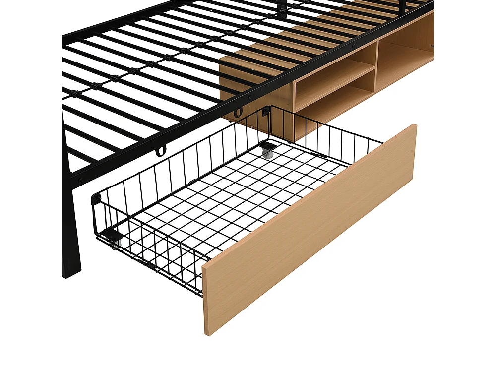 Etagenbett, aus Eisen, mit zwei Ablageflächen, Sicherheitsgittern und Leiter, Stauraum unter dem Bett, schwarz + naturfarben.