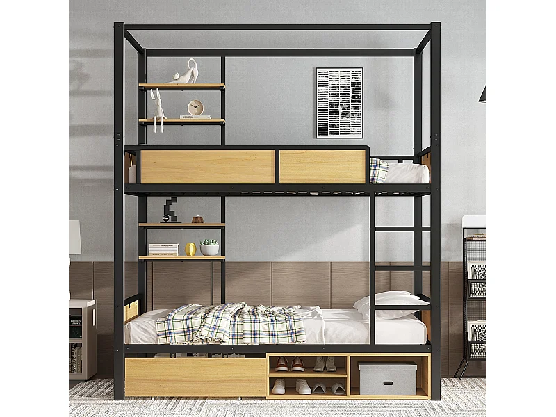 Etagenbett, aus Eisen, mit zwei Ablageflächen, Sicherheitsgittern und Leiter, Stauraum unter dem Bett, schwarz + naturfarben.