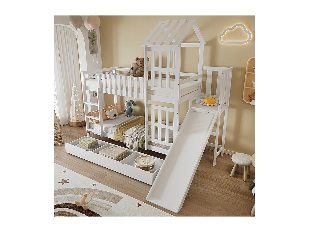 Lit superposé pour enfants 90 x 200 cm, avec tiroirs, toboggan, toit et fenêtres décoratifs, blanc