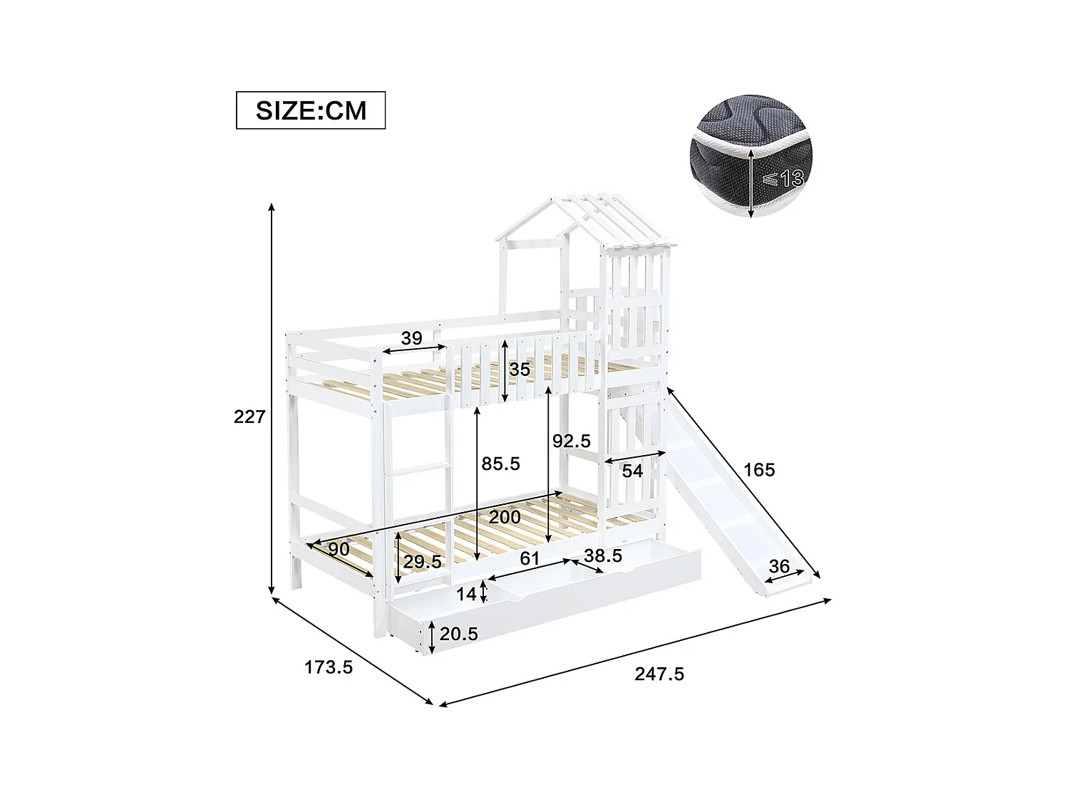 Lit superposé pour enfants 90 x 200 cm, avec tiroirs, toboggan, toit et fenêtres décoratifs, blanc