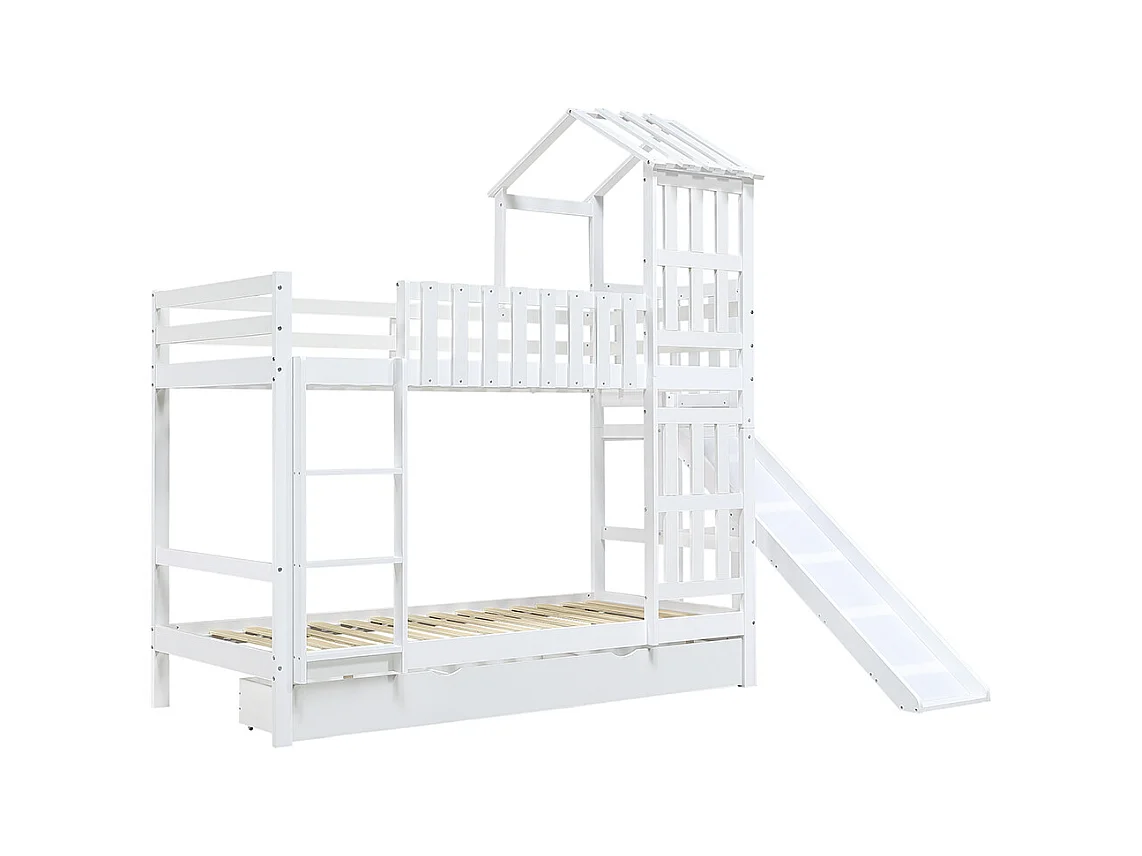 Lit superposé pour enfants 90 x 200 cm, avec tiroirs, toboggan, toit et fenêtres décoratifs, blanc