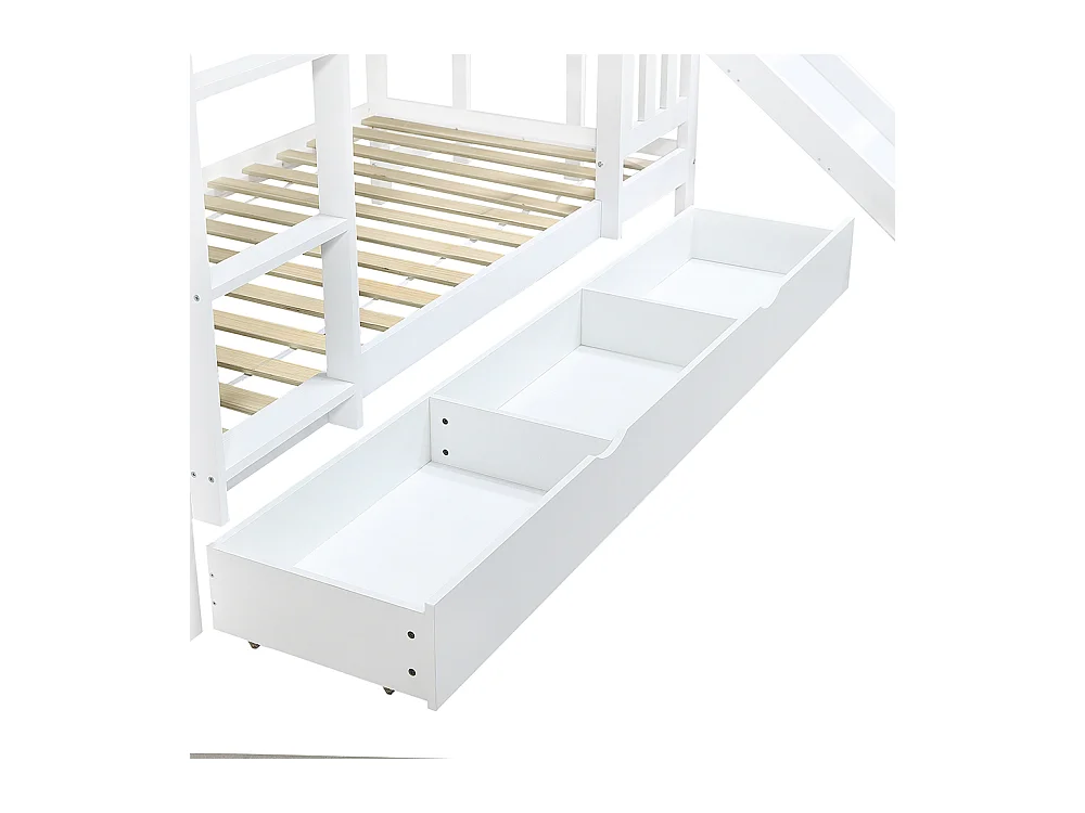 Lit superposé pour enfants 90 x 200 cm, avec tiroirs, toboggan, toit et fenêtres décoratifs, blanc