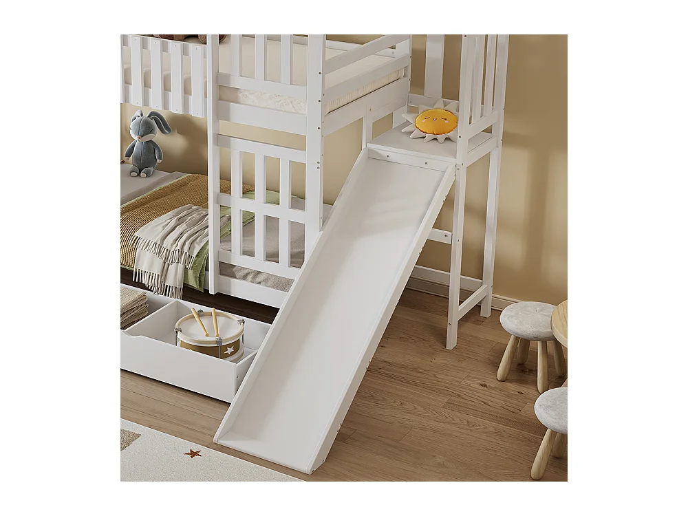 Lit superposé pour enfants 90 x 200 cm, avec tiroirs, toboggan, toit et fenêtres décoratifs, blanc