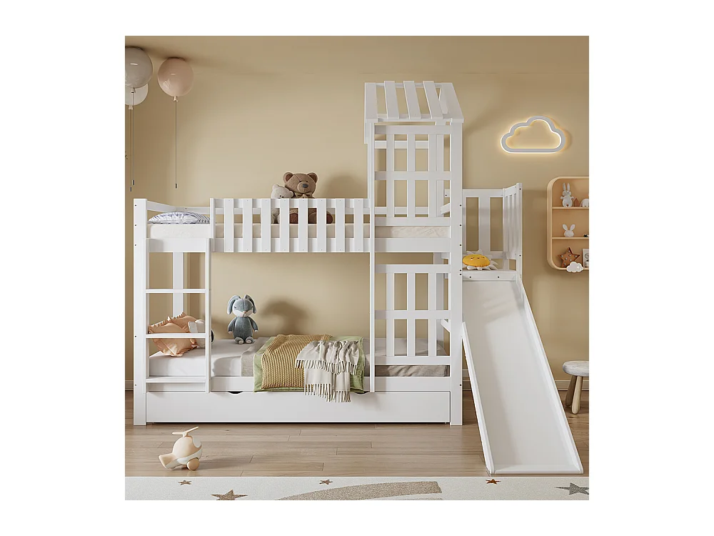 Etagenbett für Kinder 90 x 200 cm, mit Schubladen, Rutsche, Dach und dekorativen Fenstern, weiß
