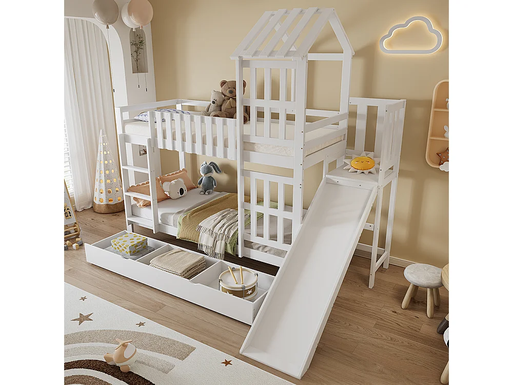 Lit superposé pour enfants 90 x 200 cm, avec tiroirs, toboggan, toit et fenêtres décoratifs, blanc
