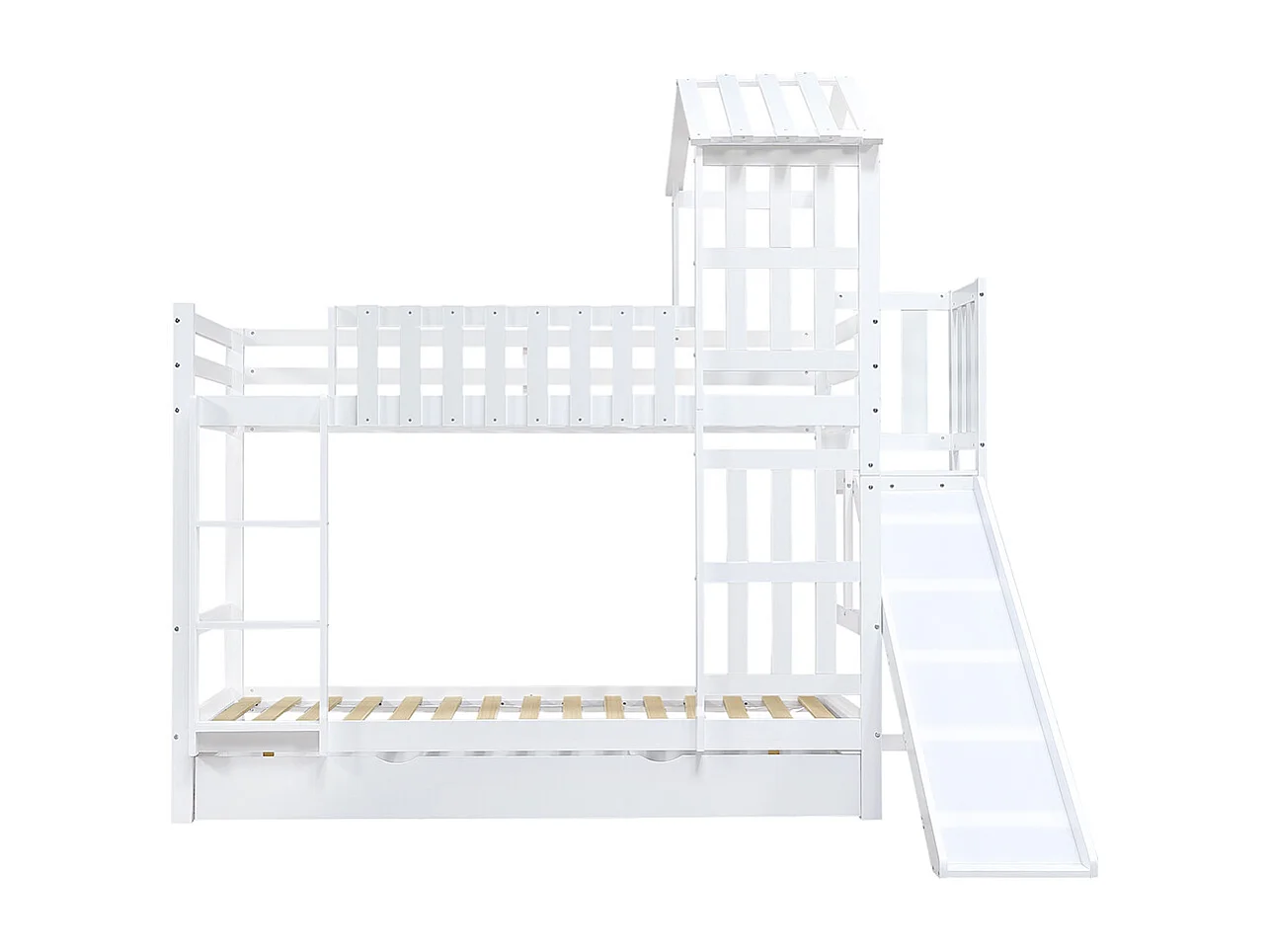 Lit superposé pour enfants 90 x 200 cm, avec tiroirs, toboggan, toit et fenêtres décoratifs, blanc