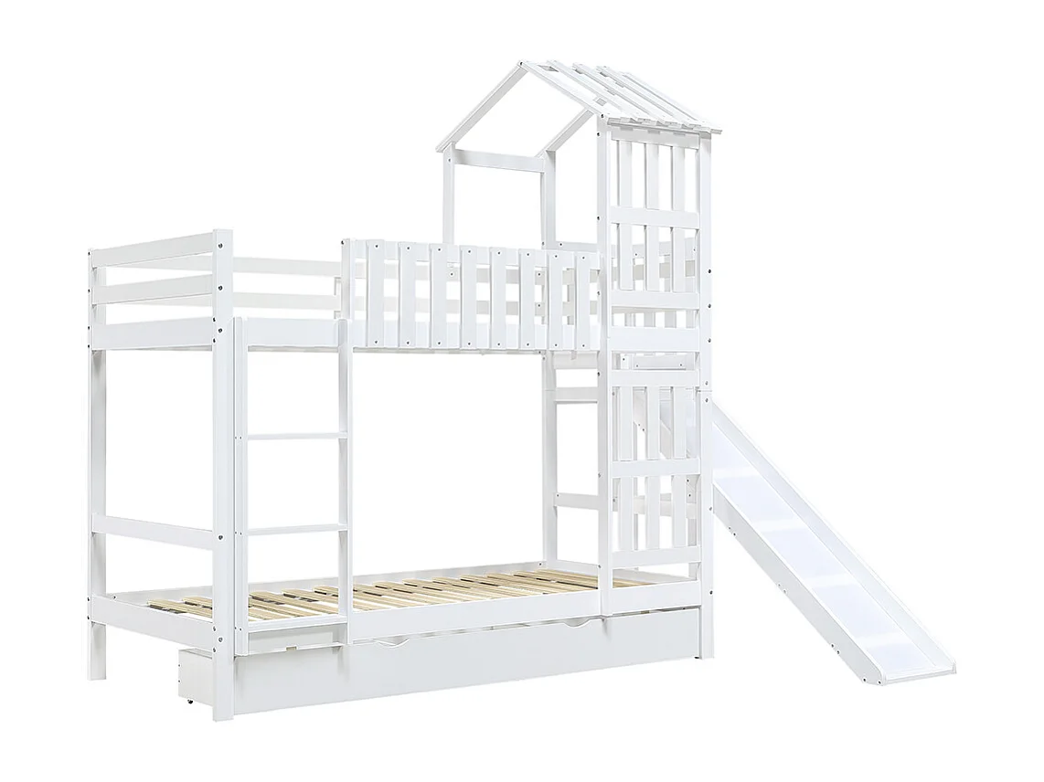 Lit superposé pour enfants 90 x 200 cm, avec tiroirs, toboggan, toit et fenêtres décoratifs, blanc