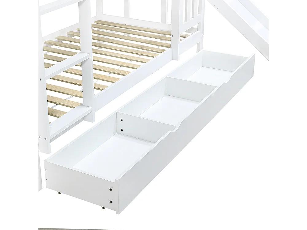Lit superposé pour enfants 90 x 200 cm, avec tiroirs, toboggan, toit et fenêtres décoratifs, blanc