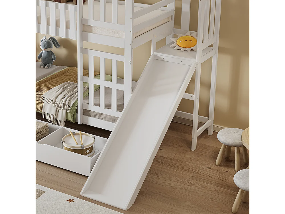Lit superposé pour enfants 90 x 200 cm, avec tiroirs, toboggan, toit et fenêtres décoratifs, blanc