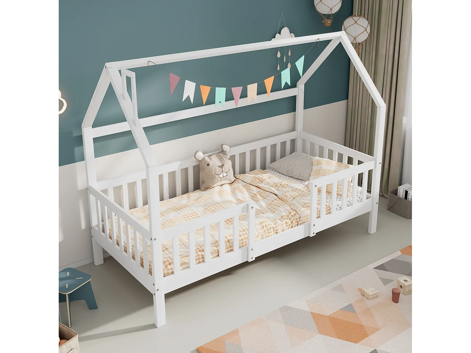 Lit enfant 90x200 cm avec toit et barrière, montage facile, pin, blanc (Sans matelas)