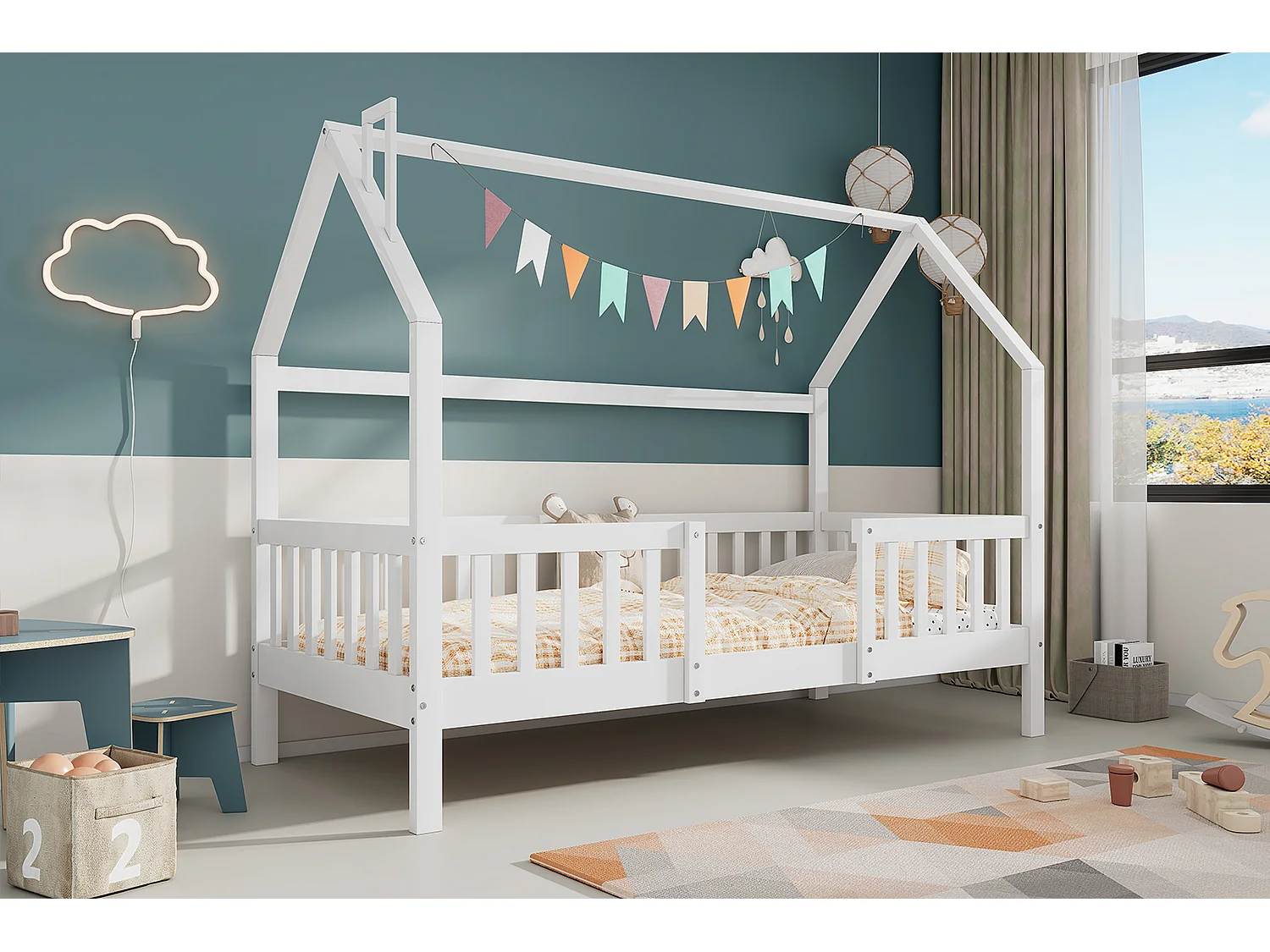 Lit enfant 90x200 cm avec toit et barrière, montage facile, pin, blanc (Sans matelas)