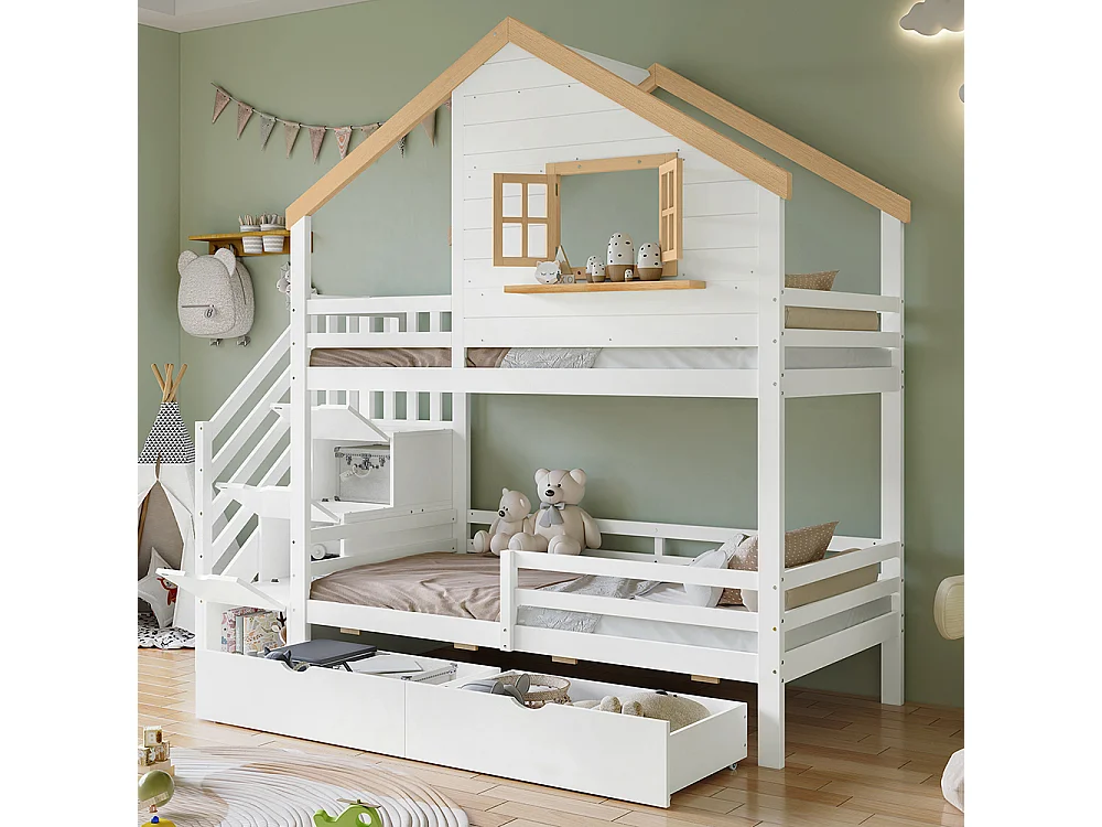 Beliche 90 x 200 cm, cama em madeira, escada com arrumação, com janela, espaço de arrumação debaixo da cama, branco + cor natural