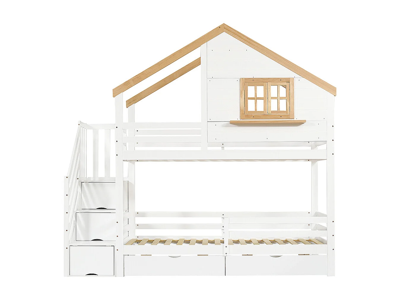 Beliche 90 x 200 cm, cama em madeira, escada com arrumação, com janela, espaço de arrumação debaixo da cama, branco + cor natural