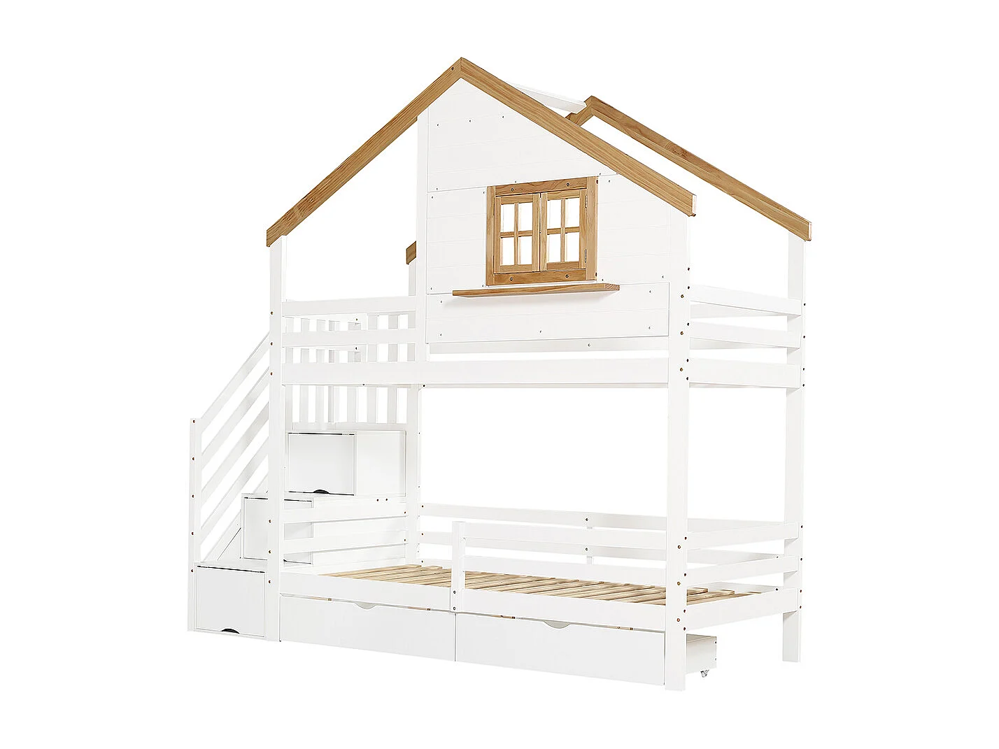 Beliche 90 x 200 cm, cama em madeira, escada com arrumação, com janela, espaço de arrumação debaixo da cama, branco + cor natural