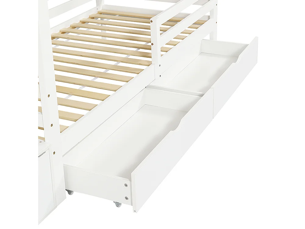 Beliche 90 x 200 cm, cama em madeira, escada com arrumação, com janela, espaço de arrumação debaixo da cama, branco + cor natural