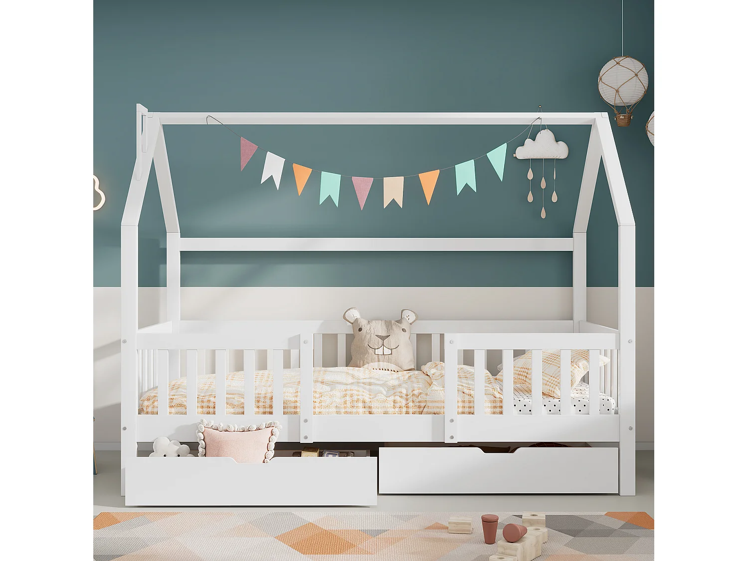 Lit cabane 90x200 cm avec sommier - protection anti-chute 2 tiroirs de rangement - bois - blanc (sans matelas)