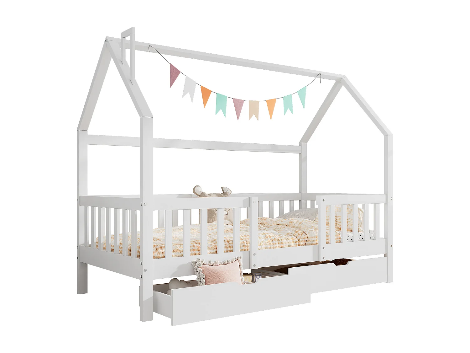 Lit cabane 90x200 cm avec sommier - protection anti-chute 2 tiroirs de rangement - bois - blanc (sans matelas)