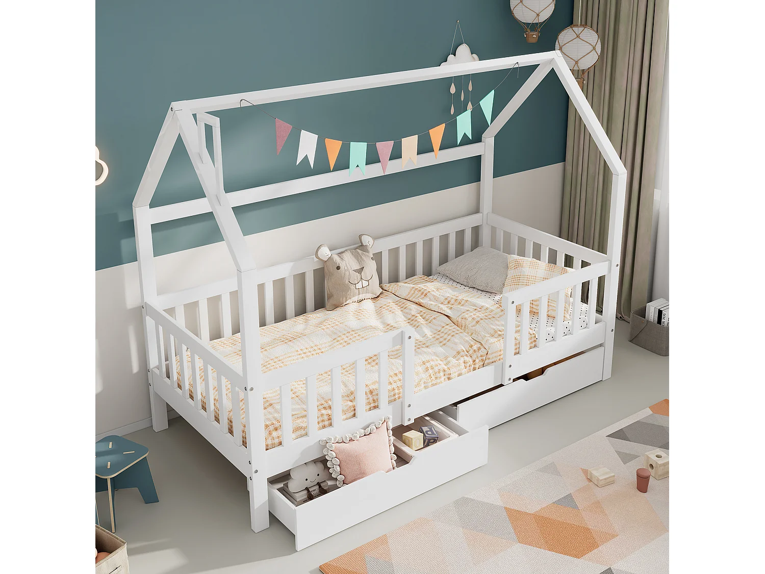 Lit cabane 90x200 cm avec sommier - protection anti-chute 2 tiroirs de rangement - bois - blanc (sans matelas)