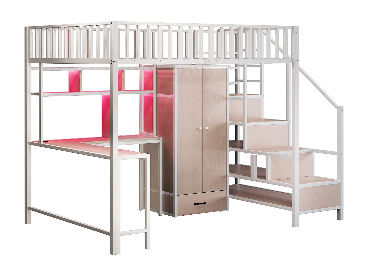 Lit mezzanine 140x200cm avec LED avec bureaux étagères armoires et tiroirs ascenseurs de stockage et garde-corps en blanc (sans matelas)